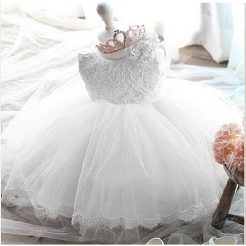 2020 Infant Baby Girls Flower Dresses Christening Gowns Newborn Babies Baptism Clothes Princess tutu Birthday White Bow Dress