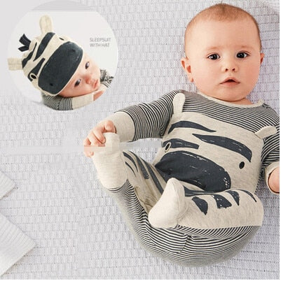 2020 New Fashion Baby Boys Girls Rompers Newborn Toddler Cute Cows Gray Striped Long-Sleeved jumpsuit+hat 2pcs Infant Clothing