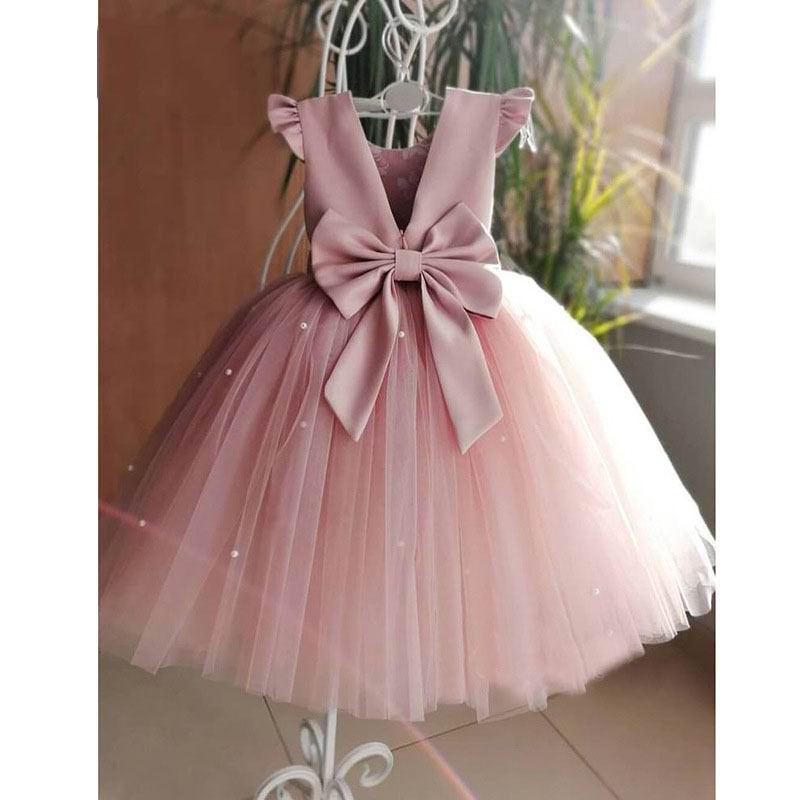 2020 new Girl Princess Dress Children Pearl Piano Performance Dress Little Fower Girl Bow Evening Dress E2066