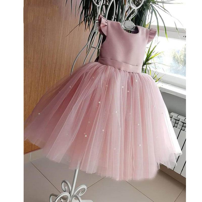 2020 new Girl Princess Dress Children Pearl Piano Performance Dress Little Fower Girl Bow Evening Dress E2066