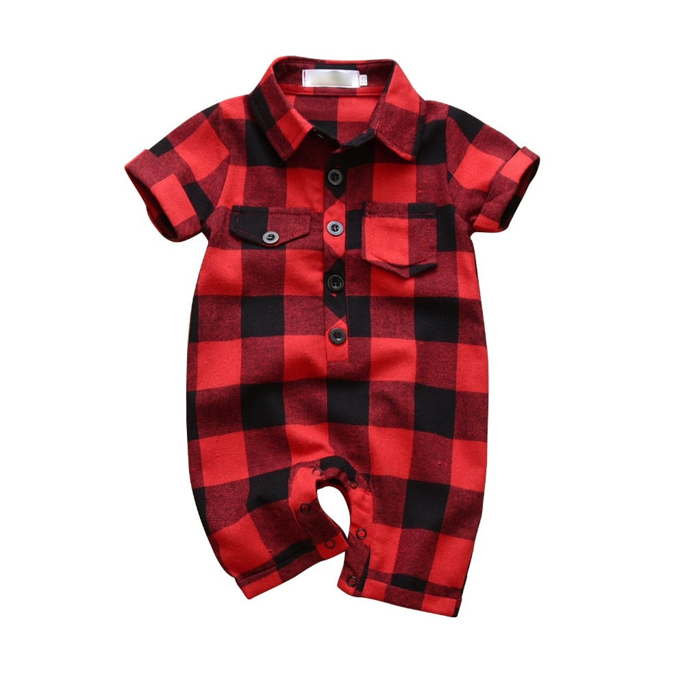 Baby Boys Romper Infant Clothing Toddler Red Plaid Gentleman Style Short Sleeve jumpsuit Newborn Clothes