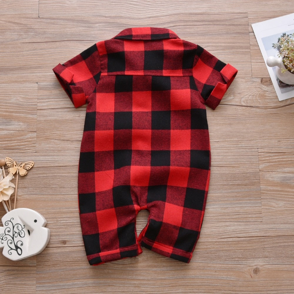 Baby Boys Romper Infant Clothing Toddler Red Plaid Gentleman Style Short Sleeve jumpsuit Newborn Clothes