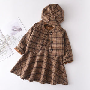 Dress Girls 3PCS Plaid Coat+Dress +Berets Children's Clothing Casual Kids Christmas Dress Clothing Elegant Girls Outfit Suits