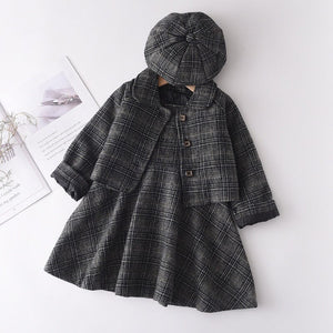 Dress Girls 3PCS Plaid Coat+Dress +Berets Children's Clothing Casual Kids Christmas Dress Clothing Elegant Girls Outfit Suits