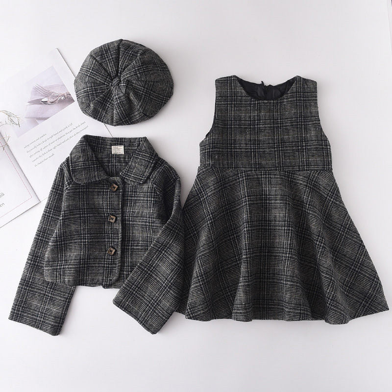 Dress Girls 3PCS Plaid Coat+Dress +Berets Children's Clothing Casual Kids Christmas Dress Clothing Elegant Girls Outfit Suits