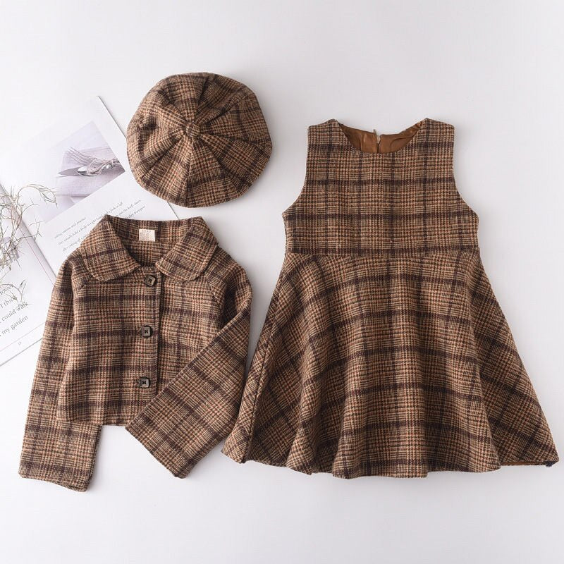 Dress Girls 3PCS Plaid Coat+Dress +Berets Children's Clothing Casual Kids Christmas Dress Clothing Elegant Girls Outfit Suits