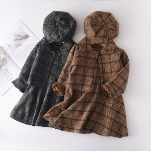 Dress Girls 3PCS Plaid Coat+Dress +Berets Children's Clothing Casual Kids Christmas Dress Clothing Elegant Girls Outfit Suits