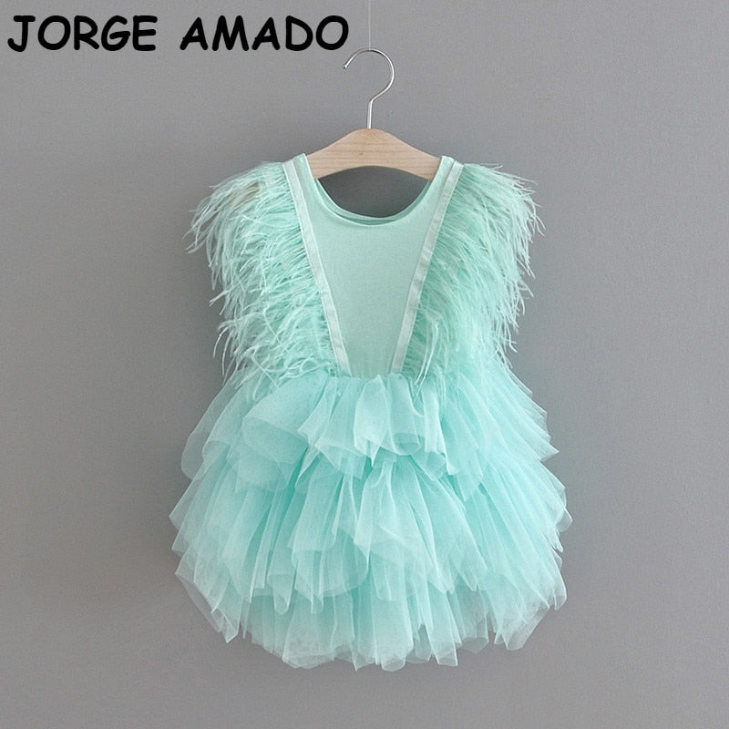 Girls Party Dresses 2020 New V neck Feather Fluffy Tulle Cake Dress Princess Dresses for Wedding Show Baby Clothes E1955