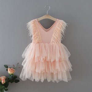 Girls Party Dresses 2020 New V neck Feather Fluffy Tulle Cake Dress Princess Dresses for Wedding Show Baby Clothes E1955