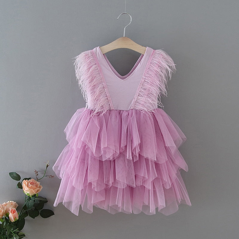 Girls Party Dresses 2020 New V neck Feather Fluffy Tulle Cake Dress Princess Dresses for Wedding Show Baby Clothes E1955