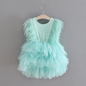 Girls Party Dresses 2020 New V neck Feather Fluffy Tulle Cake Dress Princess Dresses for Wedding Show Baby Clothes E1955