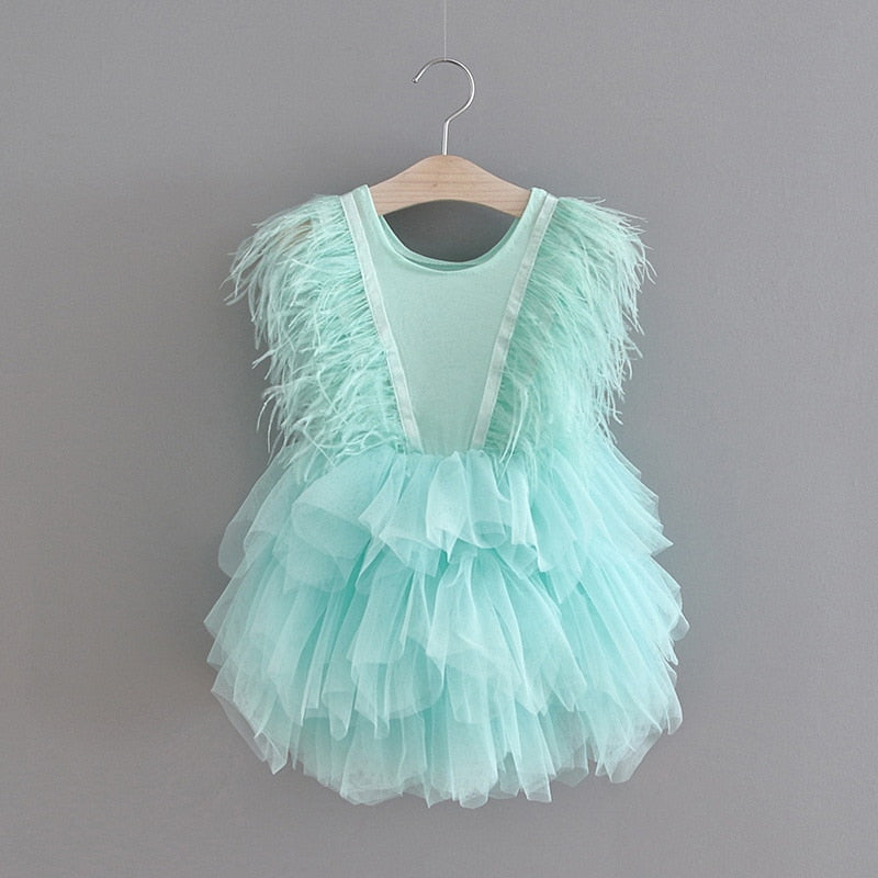 Girls Party Dresses 2020 New V neck Feather Fluffy Tulle Cake Dress Princess Dresses for Wedding Show Baby Clothes E1955