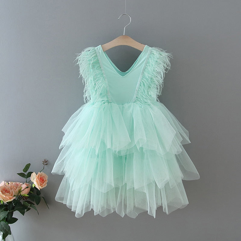 Girls Party Dresses 2020 New V neck Feather Fluffy Tulle Cake Dress Princess Dresses for Wedding Show Baby Clothes E1955