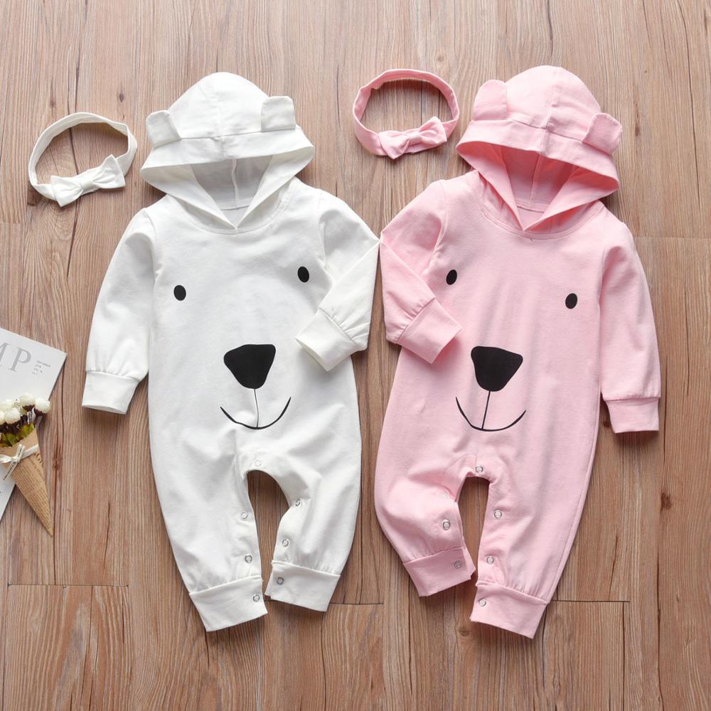 Infant Girl Clothing Baby Romper Long Sleeve Solid Color Cosplay Bear Hooded Jumpsuit and Headband Newborn Baby Clothes Outfits