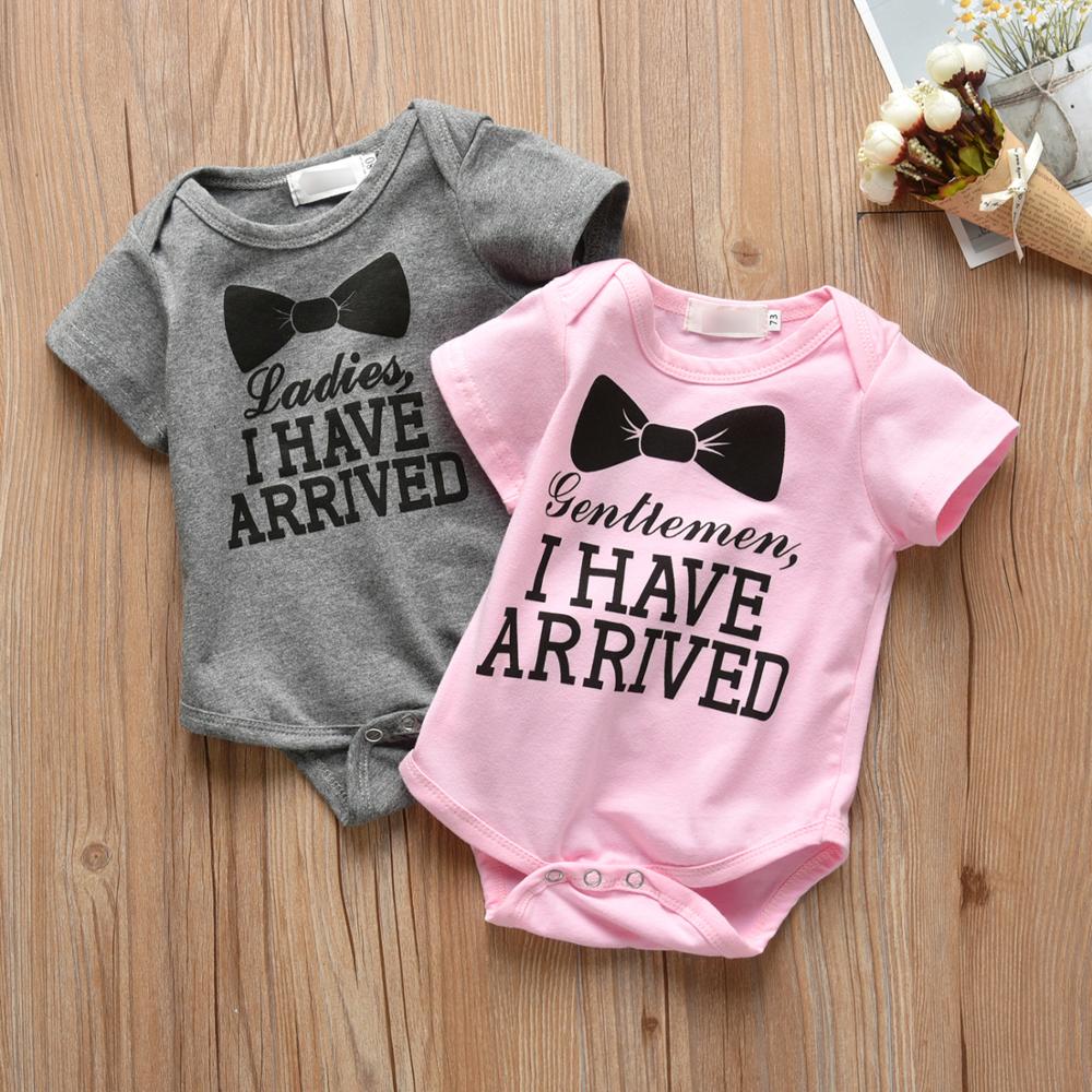 Infant Toddler Baby Boys Girls Romper Letter I HAVE ARRIVED Gray and Pink Short Sleeve Jumpsuit Newborn Clothes