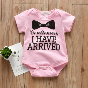 Infant Toddler Baby Boys Girls Romper Letter I HAVE ARRIVED Gray and Pink Short Sleeve Jumpsuit Newborn Clothes