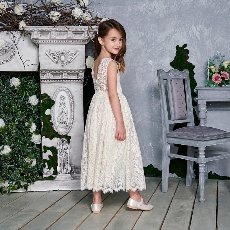 Kids Princess Dress for Girls Cream White Lace Sleeveless Party Dress High Low Beach Dress Baby Clothes  E17125