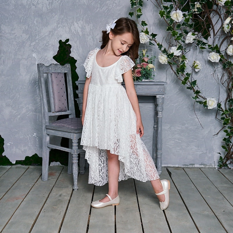 Kids Princess Dress for Girls Cream White Lace Sleeveless Party Dress High Low Beach Dress Baby Clothes  E17125