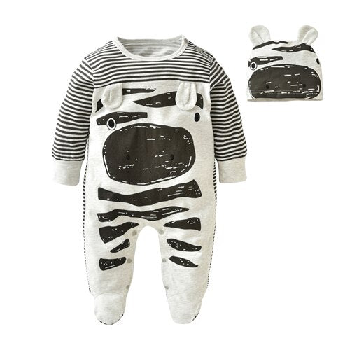 New 2020 Newborn Baby Boy Clothes Cute Cows Gray Striped Long Sleeve Baby Rompers+Hat Infant 2pcs Toddler Baby Clothing Set