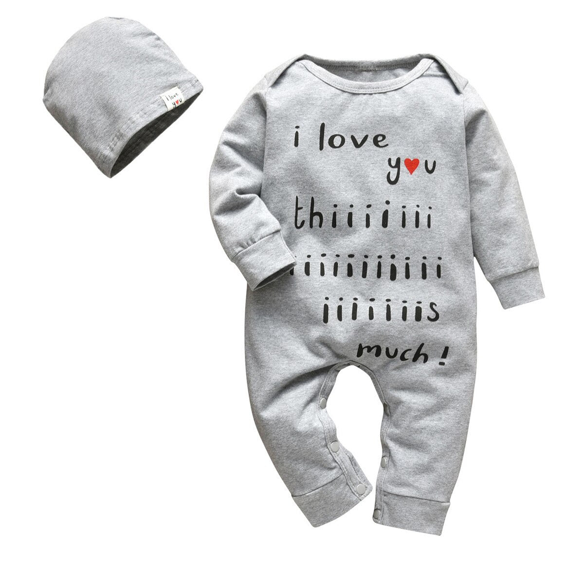 Newborn Baby Boy Romper Clothes Solid Color Long Sleeve Letter I Love You This much Jumpsuit and Hat Infant 2pcs Clothing Outfit