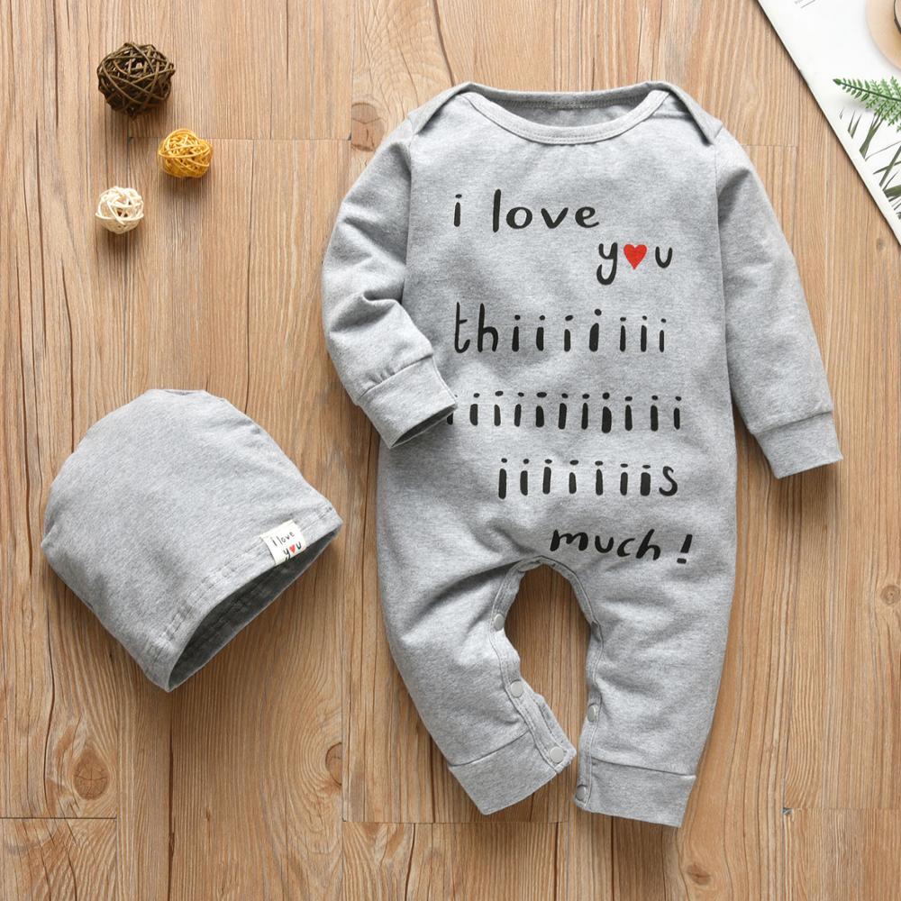 Newborn Baby Boy Romper Clothes Solid Color Long Sleeve Letter I Love You This much Jumpsuit and Hat Infant 2pcs Clothing Outfit