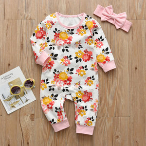 Newborn Baby Girls Romper Casual Floral Cotton Long Sleeve Jumpsuit+Bow Headband Infant 2Pcs Autumn Baby Clothes