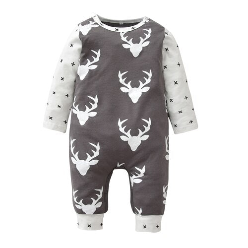 Newborn Infant Baby Boy Girl Deer Printing Patchwork Long Sleeve Romper One-pieces Toddler Clothes Xmas Outfits Christmas