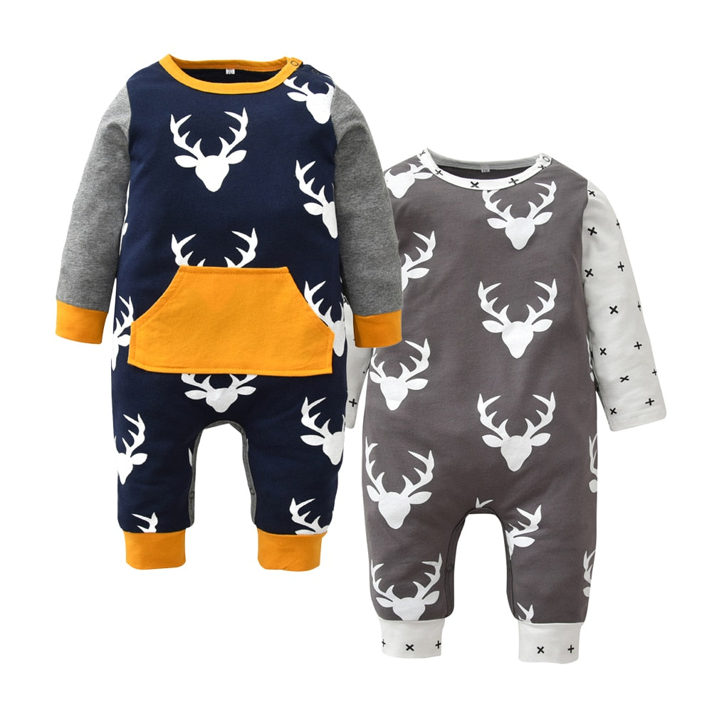 Newborn Infant Baby Boy Girl Deer Printing Patchwork Long Sleeve Romper One-pieces Toddler Clothes Xmas Outfits Christmas