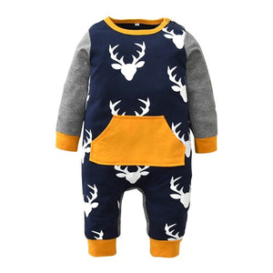 Newborn Infant Baby Boy Girl Deer Printing Patchwork Long Sleeve Romper One-pieces Toddler Clothes Xmas Outfits Christmas