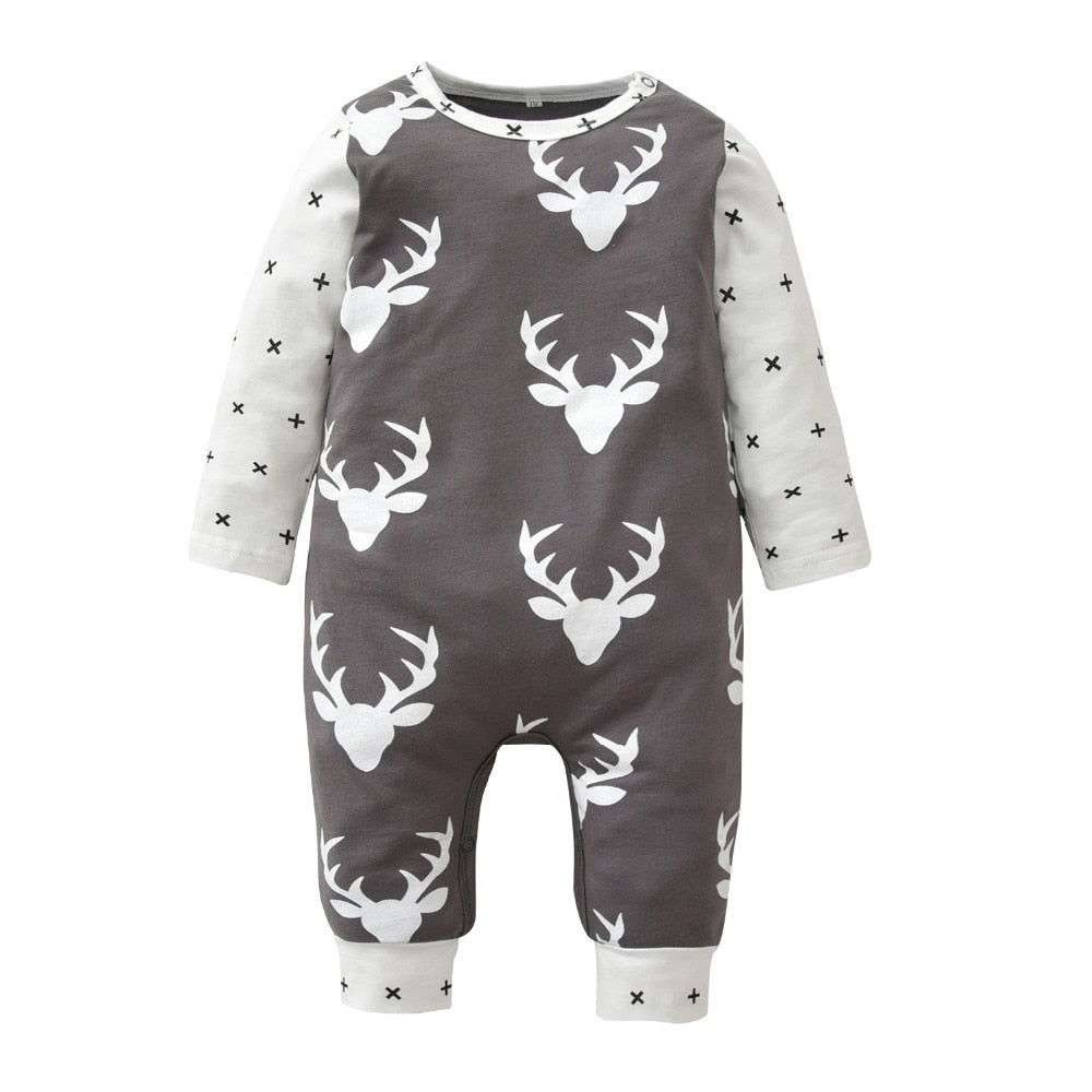 Newborn Infant Baby Boy Girl Deer Printing Patchwork Long Sleeve Romper One-pieces Toddler Clothes Xmas Outfits Christmas