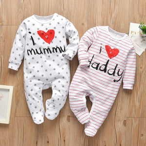 Newborn Infant Baby Boys Girls Romper Pajama Cotton Cute Letter I Love Daddy and Mummy Long Sleeve Jumpsuit Toddler Clothes