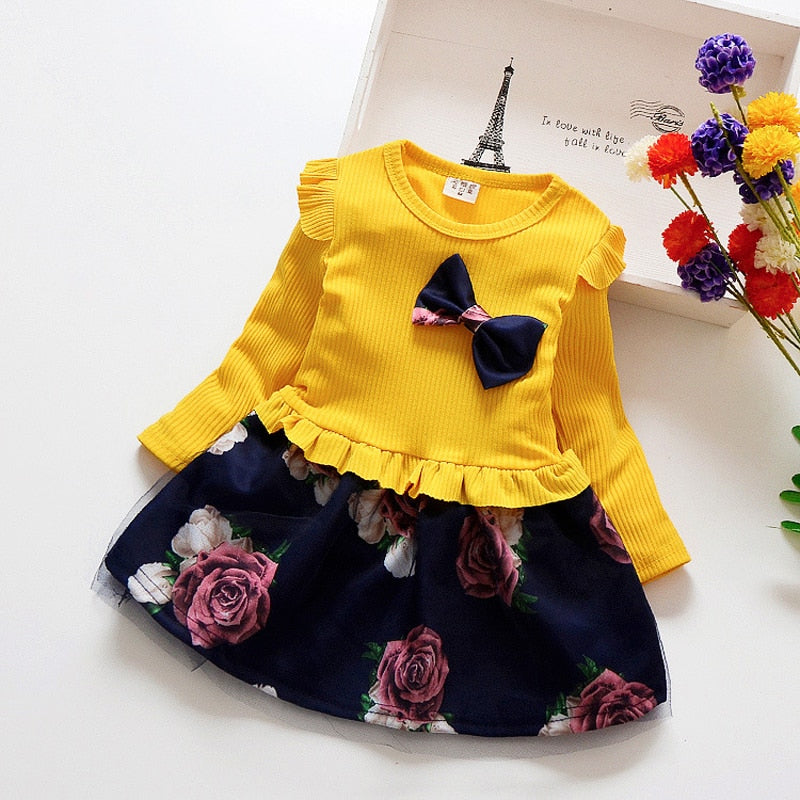 Spring Autumn Toddler Girl Dress Cotton Long Sleeve Toddler Dress Floral Bow Kids Dresses for Girls Fashion Girls Clothing