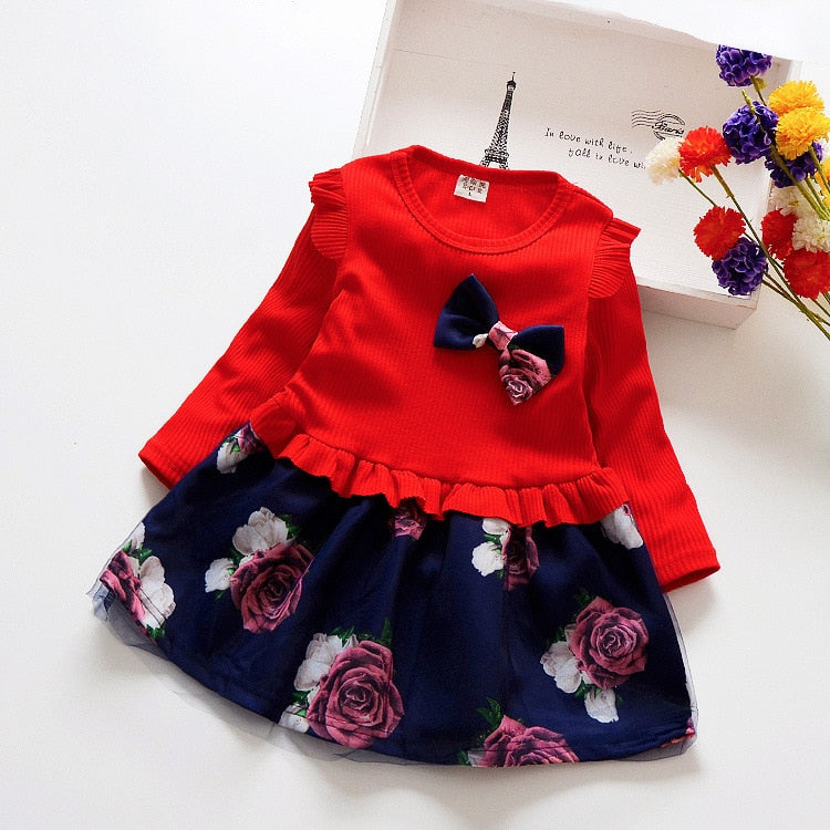 Spring Autumn Toddler Girl Dress Cotton Long Sleeve Toddler Dress Floral Bow Kids Dresses for Girls Fashion Girls Clothing