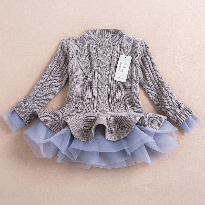 Winter Kid Costume Sweet Tutu Dresses Fashion Ruched Long Sleeve Sweaters Girls Dress Warm O-Neck Toddler Girl Fall Clothes