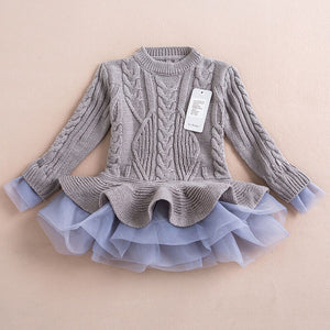 Winter Kid Costume Sweet Tutu Dresses Fashion Ruched Long Sleeve Sweaters Girls Dress Warm O-Neck Toddler Girl Fall Clothes