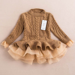 Winter Kid Costume Sweet Tutu Dresses Fashion Ruched Long Sleeve Sweaters Girls Dress Warm O-Neck Toddler Girl Fall Clothes